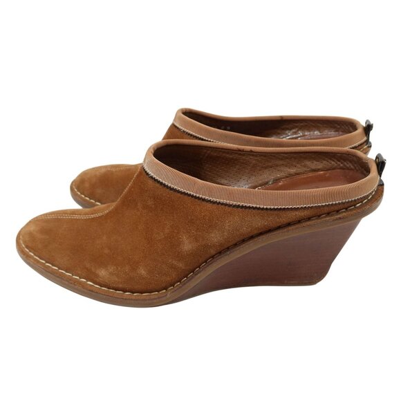 COLE HAAN Cognac Suede Wedge Wooden 3" Heel Mules Shoes Size 8B Slip On Casual - Picture 5 of 10